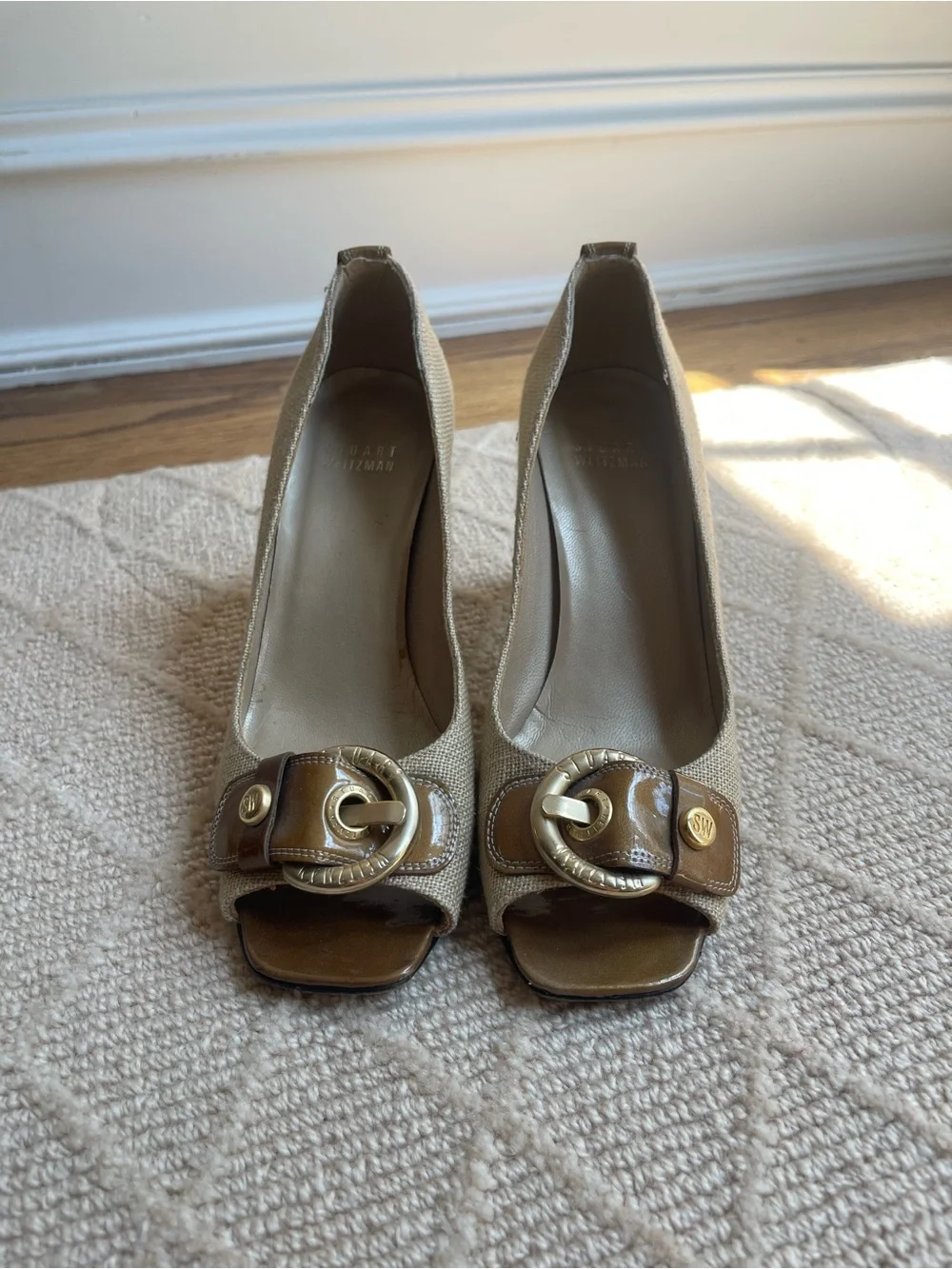 Stuart Weitzman Taupe Linen Peep-Toe Heels with Gold Buckle